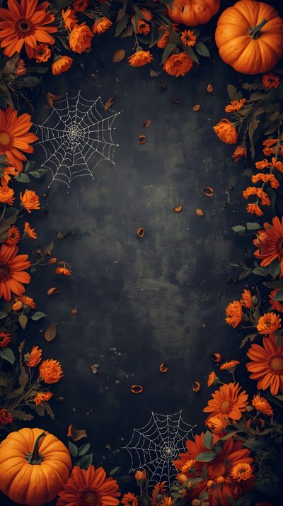 pumpkins and flowers are arranged in the shape of a circle on a black background Halloween Flowers Halloween Iphone Aesthetic, Vintage Halloween Iphone, Halloween Lockscreen Iphone, dark slate gray