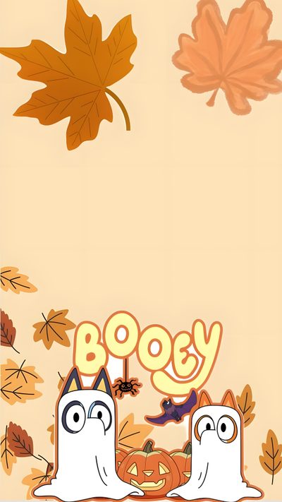 two cats sitting in front of a pumpkin and leaves with booy written on it Bluey Halloween Iphone Cute Patterns, Halloween, Fall Background, Phone Backgrounds, Christmas, wheat