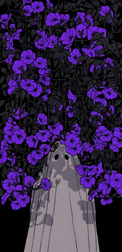 a painting of purple flowers in front of a black background with an image of a mountain Purple Purple Edgy Aesthetic Halloween Purple Pixel Art Ghost, Happy Ghosts Purple, Dark Purple Art, dark slate gray