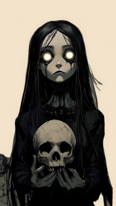 a girl with long hair holding a skull in her hands and glowing eyes on the forehead Halloween Scary Cute Girl Nghệ Thuật Kinh Dị, Ideen Fürs Zeichnen, Gothic Fantasy Art, dark slate gray