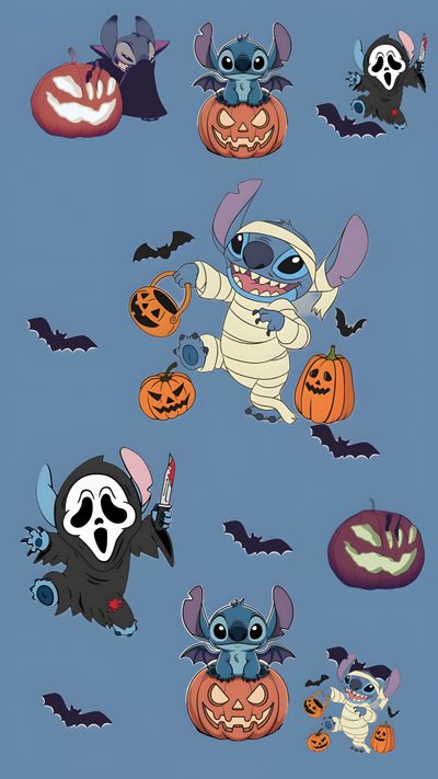 cartoon characters with pumpkins and bats on a blue background Stitch Halloween Costume Stitch Halloween Costume, Halloween, cadet blue