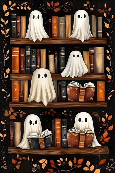 two bookshelves with ghost heads on them Halloween Phone Design Image Halloween, Halloween Iphone Backgrounds, Halloween Backgrounds, Diy Gem, black