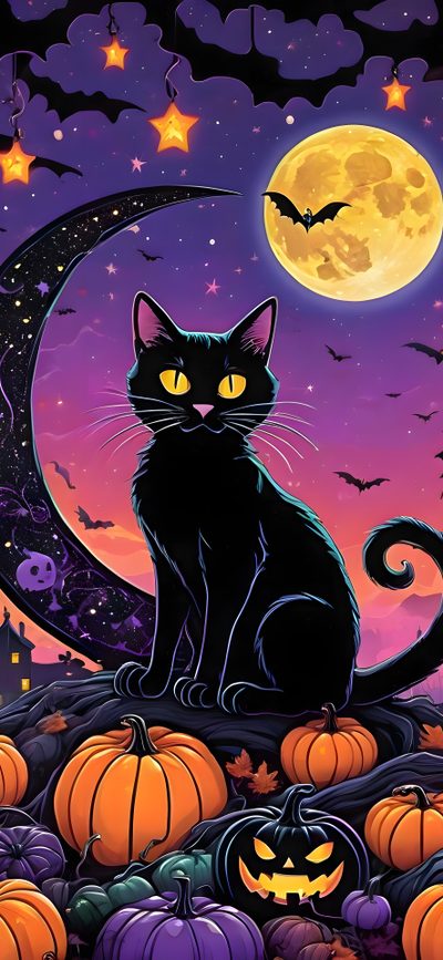 a black cat sitting on top of a pile of pumpkins under a full moon Halloween Cat Iphone Art, New Art, Iphone, Halloween, dark slate gray