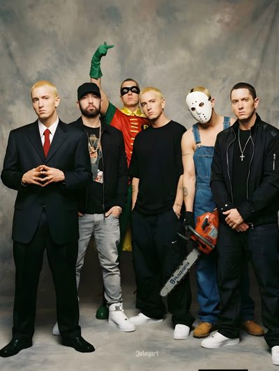 a group of men standing next to each other in front of a gray background holding chainsaws Eminem Halloween Eminem, Big Boys, Rap, dark olive green