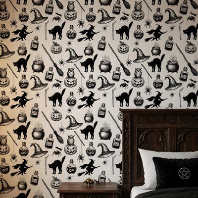 a bed room with a neatly made bed and wall paper Halloween Witch For Bedroom Halloween Wall Decor, Chic Interior, Gothic Halloween, rosy brown