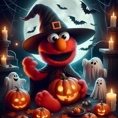 an image of a cartoon character with pumpkins Elmo Halloween Halloween, Dessert, Elmo Happy Halloween, Scary Elmo And Cookie Monster, dark slate gray