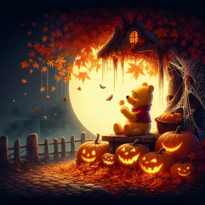 a winnie the pooh halloween scene with pumpkins Disney Halloween Desktop Happy Halloween Pooh Images, Pooh Halloween Background, Happy Halloween Images Winnie The Pooh, dark slate gray
