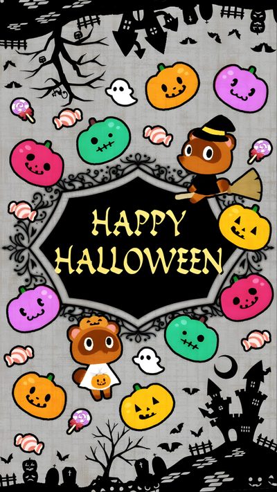 a halloween card with an image of pumpkins and ghost faces on the front cover Acnh Halloween Acnh Fall, Animal Crossing Fall Background, Nintendo Halloween, rosy brown