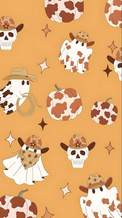 a cow with a cowboy hat and stars on it Cowboy Ghost Halloween Halloween Country, Country Halloween, Fall Cow Print, sandy brown