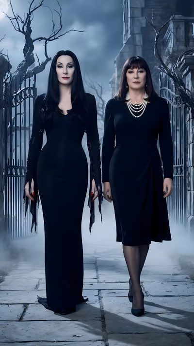 two women in black dresses are walking down the street with their hands on each other's hips Halloween Addams Family Addams Family Morticia Sister, Morticia Addams Costume, Addams Family Morticia, dark slate gray