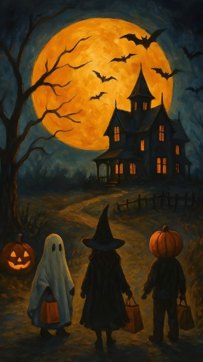 three children dressed up as witches and pumpkins in front of a large full moon Old School Halloween Halloween Haunted House Image, Happy Halloween Spooky Images, Halloween Town Vibes, black