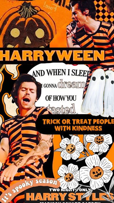 a collage of halloween related items including pumpkins Harry Styles Halloween Fall Harry Styles, Harry Styles Pumpkin Painting, One Direction Halloween, chocolate