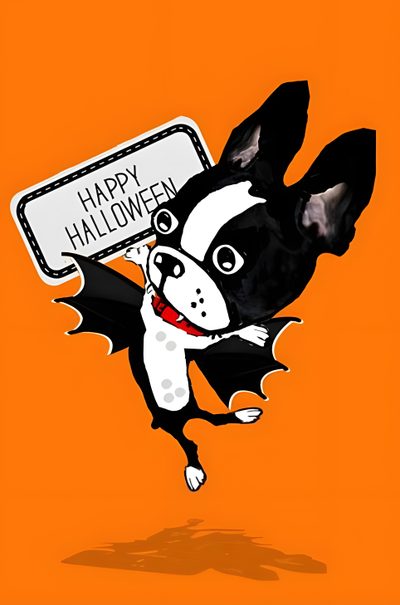 a black and white dog holding a happy halloween sign Halloween Boston Terrier Boston Terrier Halloween Drawing, Halloween Boston Terrier, Boston Terrier Halloween Background, dark orange