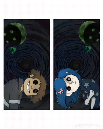 two pictures of people with different expressions in the same picture, one is looking at another Matching Halloween For 2 Matching Coraline, Coraline And Wybie Matching, Coraline Bookmarks, dark slate gray