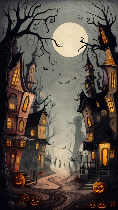 a halloween scene with creepy houses and pumpkins Halloween Canva Halloween Backgrounds, Halloween Graphics, Halloween Artwork, dark olive green