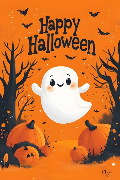 a happy halloween card with a ghost and pumpkins Happy Halloween Spirit Halloween Happy Halloweeen, Happy Halloween Greetings, Ghosts And Pumpkins, chocolate