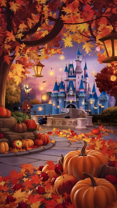 a painting of a castle surrounded by fall leaves and pumpkins in front of it Disneyland Halloween Disney Autumn Background, Disney Fall Iphone, Fall Disney Background, saddle brown