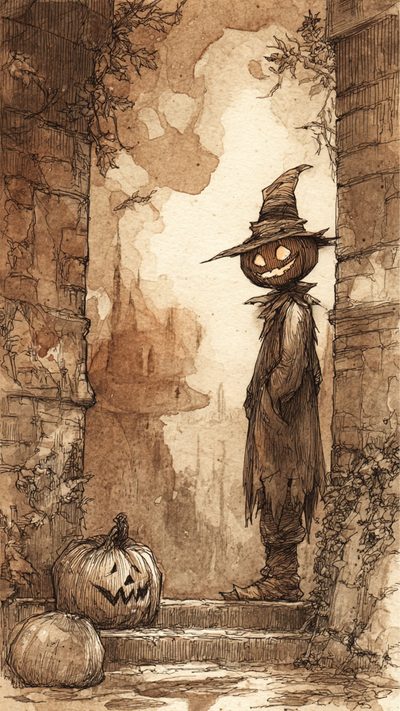 a drawing of a scare with a hat and pumpkins Halloween Comic Vintage Halloween Iphone, Vintage Halloween Aesthetic, Vintage Halloween Backgrounds, peru