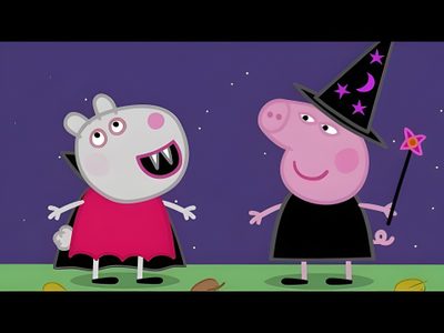 peppa pig and her friend are dressed up as witches in the night sky with pumpkins Peppa Pig Halloween Peppa Halloween Episode, Peppa Pig Halloween Party, Peppa Pig Autumn, dark slate blue