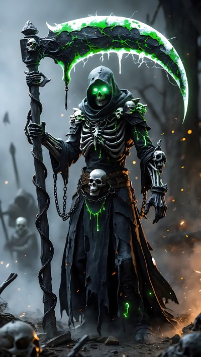 a skeleton with green glowing eyes holding a sceptacle in front of a dark background Grim Reaper Halloween Grand Reaper, Green Reaper Tattoo, Grim Reaper Phone, Green Grim Reaper, dark slate gray