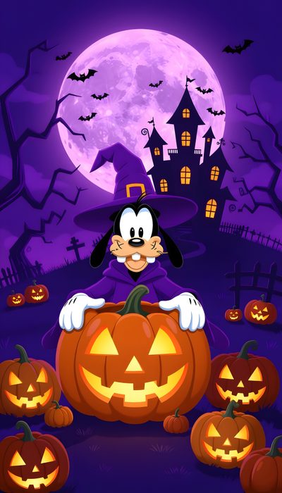 mickey mouse sitting on top of a pumpkin in front of a full moon and castle Disney Channel Halloween Goofy Halloween Background, Disney Halloween Iphone, Disney Halloween Background Images, indigo