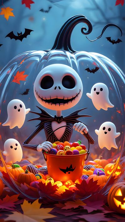 the jack - o'- lantern pumpkin is surrounded by ghosty faces and bats Happy Halloween Jack Skellington Cute Halloween Pictures, Nightmare Before Christmas Pictures, Yoda Halloween, dim gray