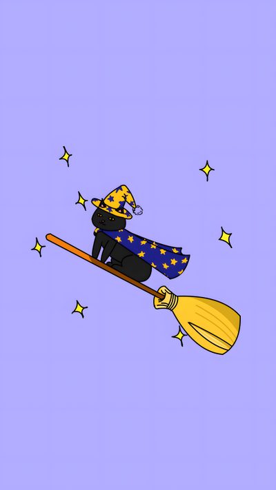 a man riding on top of a broom flying through the air with stars in the background Halloween Purple Cats Custom Happy Halloween Gatos, Purple Cartoon Cats, Purple Cats Cartoon, light steel blue