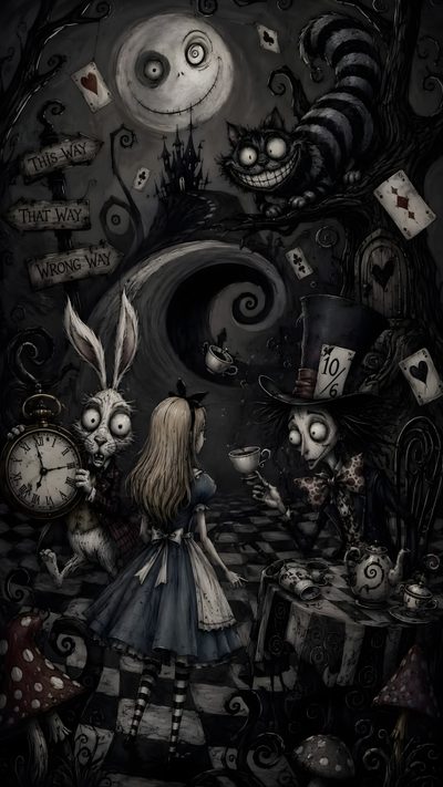 alice and the rabbit in wonderland with their clock faces on it's face, surrounded by other characters Halloween Iphone Tim Burton Tim Buton, Wonderland Horror, Cool Creepy Art, Tim Burton Vibe, black