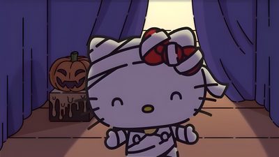 an animated hello kitty standing in front of a halloween scene with pumpkins on the floor Hello Kitty Halloween Chromebook Hello Kitty Halloween Ipad, Fall Hello Kitty Laptop, Halloween Hello Kitty Laptop, dark slate gray