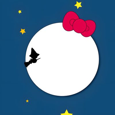 an image of hello kitty on the moon with stars in the night sky behind it Cute Hello Kitty Halloween Gif Halloween Hello Kitty Banner, Hello Kitty Halloween Gif, Hello Kitty Flying Gif, dark slate gray