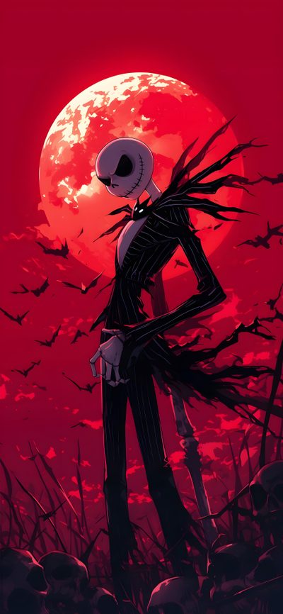 a skeleton with long hair standing in front of a full moon and bats on the ground Cute Halloween Jack Skellington Jack Skellington Fanart, Manga Halloween, Jack Nightmare Before Christmas, dark red