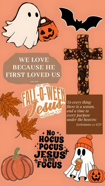 a cross, pumpkins and ghost with the words we love because he first loved us Cute Christian Halloween 1 John 5 19, Christian Halloween, Christian Iphone, John 5, dark salmon