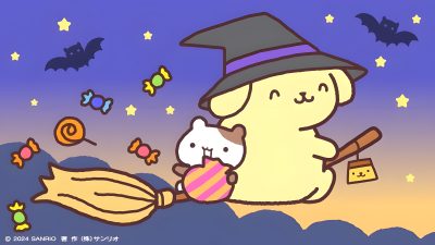 a cartoon character holding a cat in front of a purple sky with bats and stars Pom Pom Purin Halloween Pompompurin Halloween Background, Pompompurin Autumn, Pompompurin Cowboy, slate blue