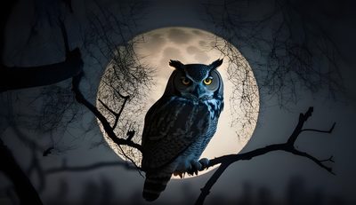 an owl sitting on a tree branch in front of a full moon Halloween Owl Hd Halloween Owl Background, Night Owl Images For Desktop, Owl In Forest At Night, dark slate gray