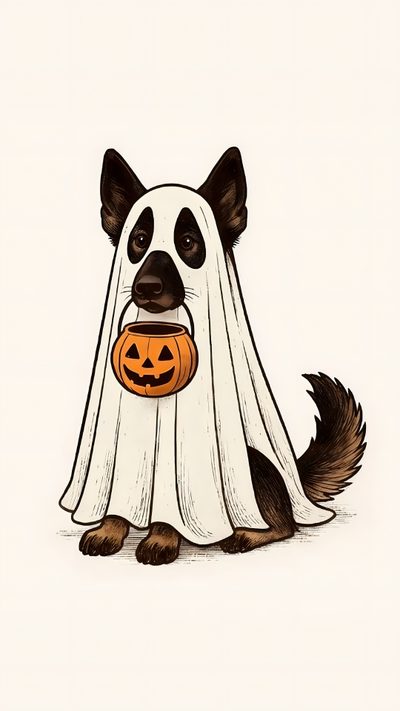 a dog wearing a ghost costume with a pumpkin in its mouth Halloween Dog Ghost Cute Halloween Photos, German Shepherd Pumpkin Painting, Cute Fall Art, linen