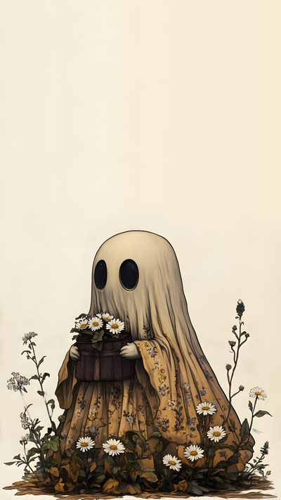 a drawing of a ghost with flowers in it Halloween Plant Phone Ghost, Witchcore Aesthetic, Cute Ghost Iphone, Mushroom Ghost, antique white