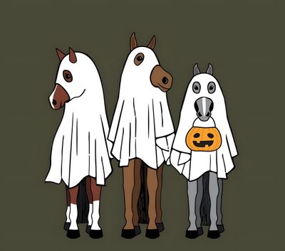three horses wearing ghost costumes holding hands with a jack - o'- lantern pumpkin Cute Halloween Horse Window Art Diy, Horse Background, Horse Tattoo Design, dark slate gray