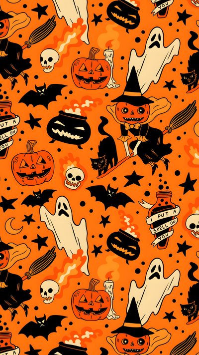an orange halloween background with black and white pumpkins, jack - o'- lanterns, ghost heads and stars Retro Halloween Orange Halloween Vintage Iphone, Doodles, Digital Drawing, Halloween Pattern,