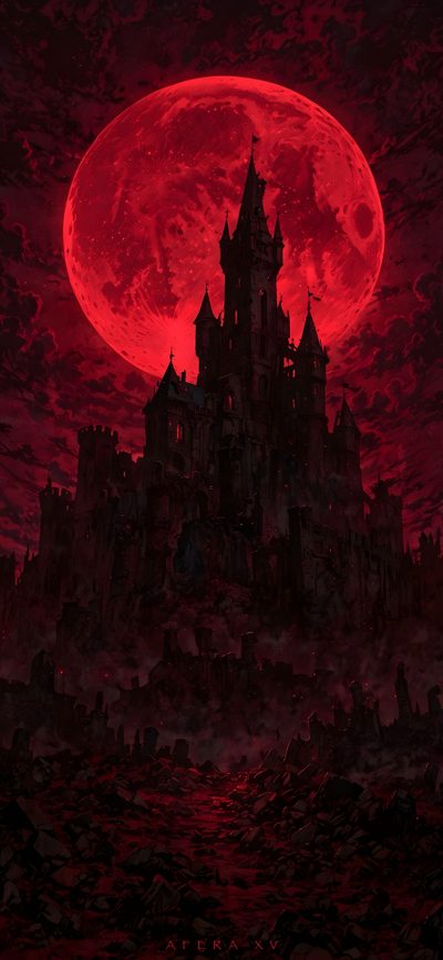 a castle with a red moon in the background Red Halloween Crimson Moon Fate, Blood Red Iphone, Red Aesthetics, Strahd, Castlevania Iphone, black