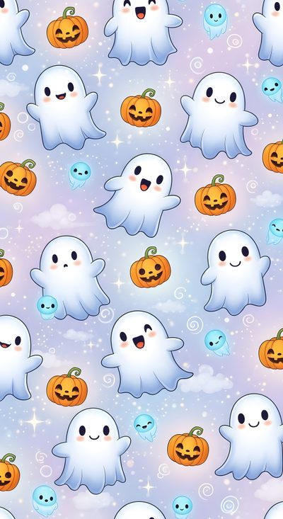 a pattern with ghost and pumpkins on a purple background Kids Halloween Design, Aesthetic Backgrounds, Halloween, Aesthetic Design, gainsboro