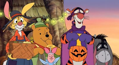 winnie the pooh and friends are dressed up for halloween Winnie The Pooh Halloween Desktop Pooh Heffalump Halloween Movie, Disney Halloween Film, Original Disney Halloween Movies, gray