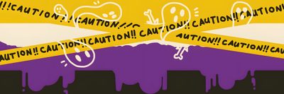 a yellow and purple banner with black writing on it that says caution, caution can't kill Nonbinary Halloween Nonbinary Halloween, Nonbinary Flag Aesthetic, Purple And Yellow Banner, saddle brown