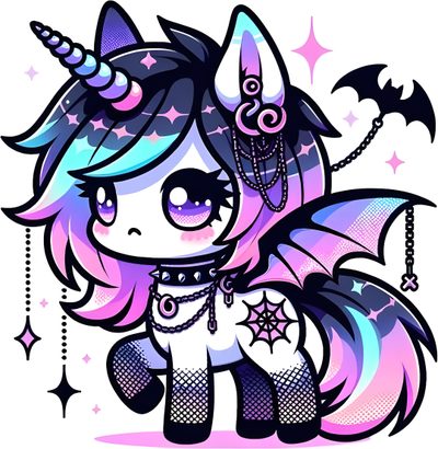 a drawing of a unicorn with stars on it's head and an ear ring Halloween Unicorn Kawaii Bat, Cute Anime Coloring, Goth Pastel, Unique Unicorns, D D Character, plum