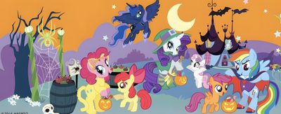 many little ponys are gathered together in front of a castle with bats and pumpkins on it Halloween Pony Rainbow Dash Halloween, My Little Pony Fall, Mlp Halloween, rosy brown