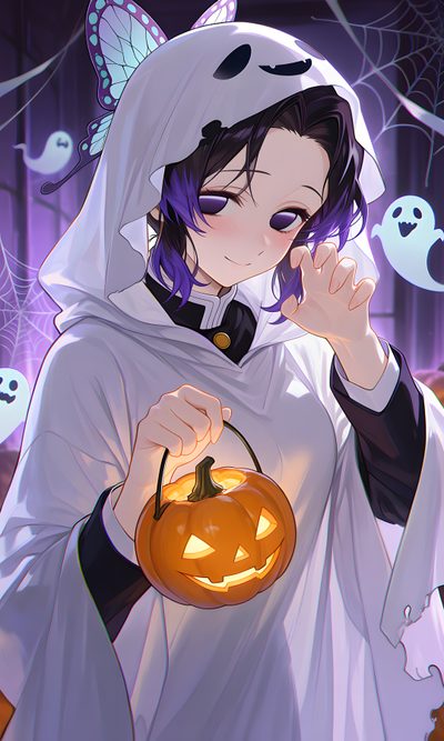 a girl dressed as a ghost holding a pumpkin Demon Slayer Halloween Criaturas Míticas, Fan Art, light slate gray