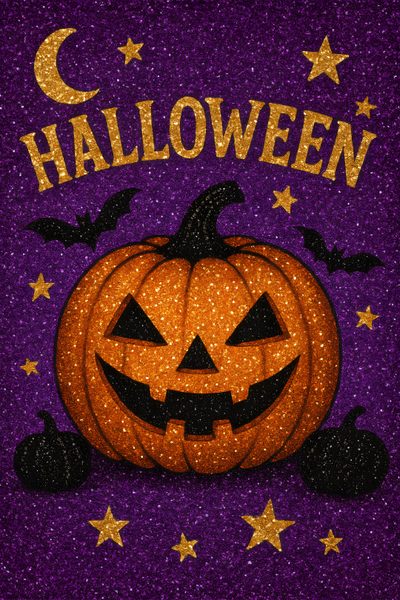 an image of a halloween pumpkin with stars and moon on purple glittered fabric background Halloween Glitter Iphone Purple Glitter Halloween Background, Halloween Pictures Purple, Glitter Happy Halloween, dark slate gray