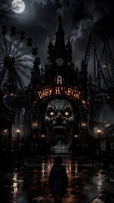 a man standing in front of a carnival at night Halloween Horror Nights 4k Dark Carnival, Creepy Carnival Art, Joker Tattoo Design, Fantasy Words, black