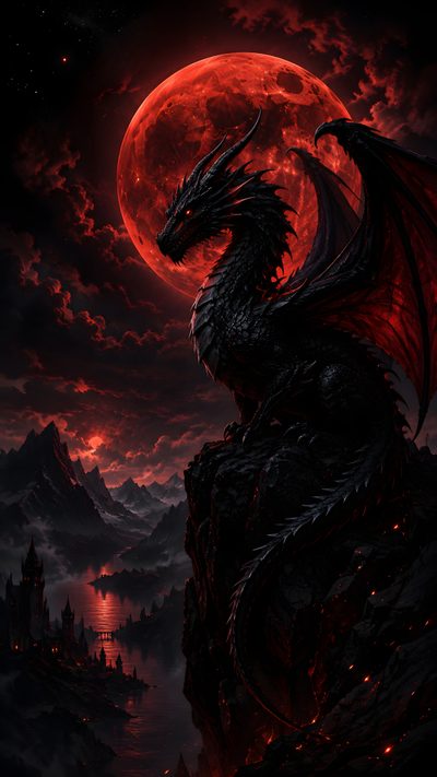 a dragon sitting on top of a mountain under a red moon Dragon Halloween 4k Phone, Blood Red Moon, G-dragon, Perfect Dark, Red Moon, Black Dragon,