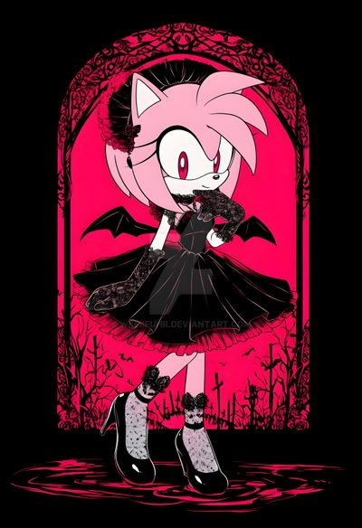 a drawing of a girl with pink hair and black dress, holding a cat in her hand Amy Rose Halloween Amy Rose Demon, Dark Amy Rose, Amy Rose The Bat, Demon Amy, Amy Rose, black