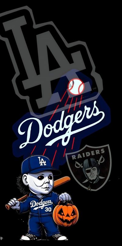 the los angeles dodgers mascot is holding a bat and pumpkin in front of a black background Dodgers Halloween Raiders Lakers Dodgers, Logo Cool Dodgers, Dodgers And Raiders, Raiders And Dodgers, black